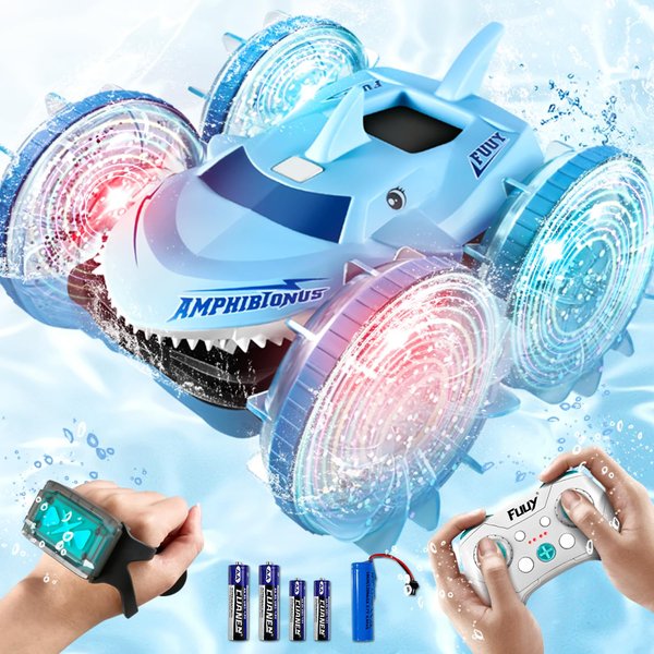 FUUY Amphibious Waterproof Remote Control Boat RC Car Monster Truck with Lights 4WD Gesture Hand Controlled Water Beach Pool Toys Kids Gifts for Boys Pool Toys Blue