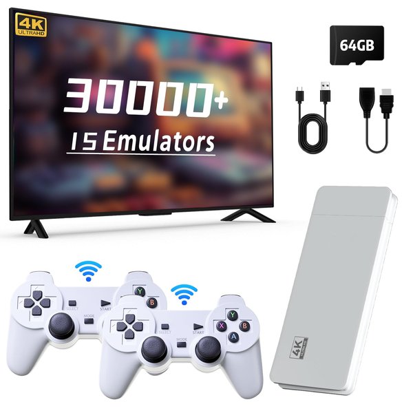 Wireless Retro Game Console Stick, Emulator Console with 30000 Plug and Play Video Games, Nostalgia Stick for 4K TV, Retro Drive Support 4K HD Output, Video Game Console 64G, 2.4G Wireless Controllers