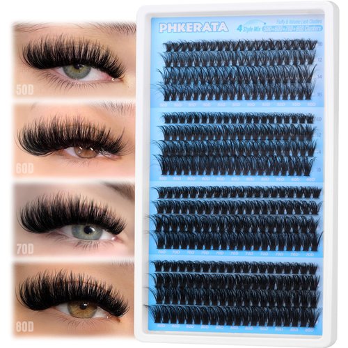 PHKERATA Fluffy Lash Clusters Volume Eyelash Clusters 50D+60D+70D+80D Lashes Clusters 320pcs 4 Style Mix Wispy Cluster Eyelash Extension Thick DIY Individual Lashes D Curl False Eyelashes, 10-16mm
