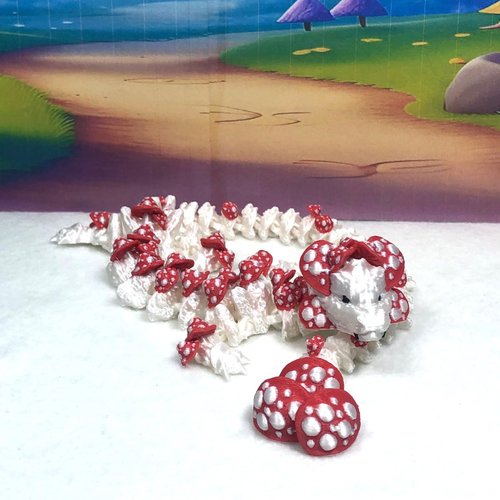 3D Printed Dragon Mushroom Dragon, Articulated 12" White and RED Dragon with Classic Egg, Fidget Toy, Executive Desk Toy D036-CLS