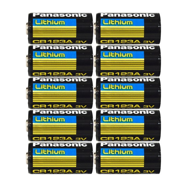 Panasonic CR123A Lithium 3V Photo Lithium Batteries, 0.67" Dia x 1.36" H (17.0 mm x 34.5 mm) (Pack of 10)