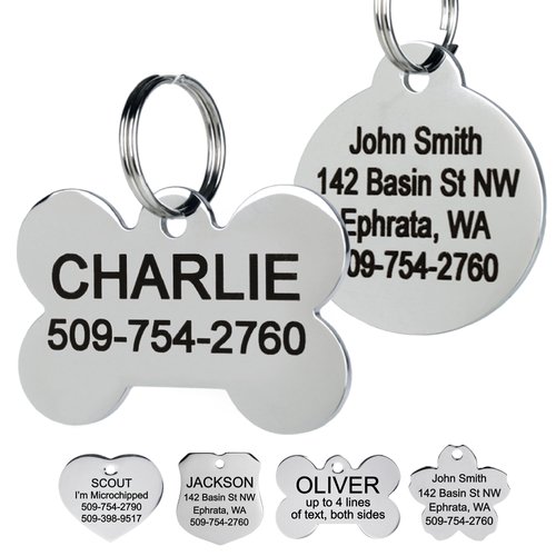 GoTags Stainless Steel Pet ID Tags, Personalized Dog Tags and Cat Tags, up to 8 Lines of Custom Text, Engraved on Both Sides, in Bone, Round, Heart, Bow Tie and More