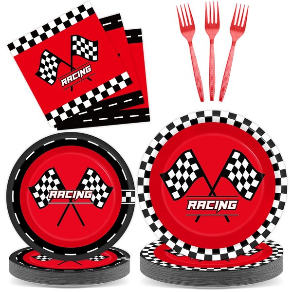 Justforjoyful 96Pcs Race Car Party Plates and Napkin Red Racing Car Party Supplies Black Checkered Flag Dessert Plate Racing Dinnerware Tableware Set for Kid Boy Birthday Baby Shower Home Party Decor