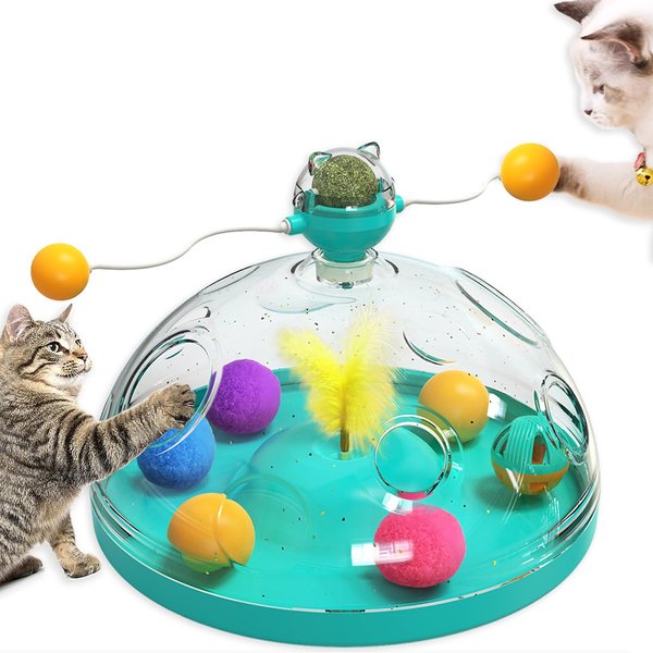DERERSTE Cat Toy Indoor for Cats,Cats Interactive Kitten Puzzle Toys Multi-Function Cat Toy with Catnip Ball Track Ball Spinning Cat Stick and Feather (Blue)