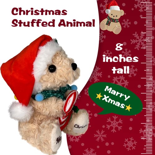 Christmas Stuffed Animal Teddy Bear 2024 - Christmas Plush Gifts for Kids Baby, 8" Soft Christmas Teddy Bear Toy with Santa Hat, Festive Birthday Xmas Gifts - Merry Christmas Decorations Holiday Bear