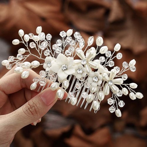Foyte Flower Bride Wedding Hair Comb Crystal Leaf Bridal Headpieces Rhinestone Hair Pieces Pearl Bridesmaid Side Combs Hair Accessories for Women (pearl)