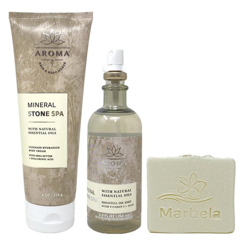Bath & Body Works Aroma Mineral Stone Spa Body Cream and Essential Oil Mist Bundle with a Natural Oats Bar Soap - Full Size