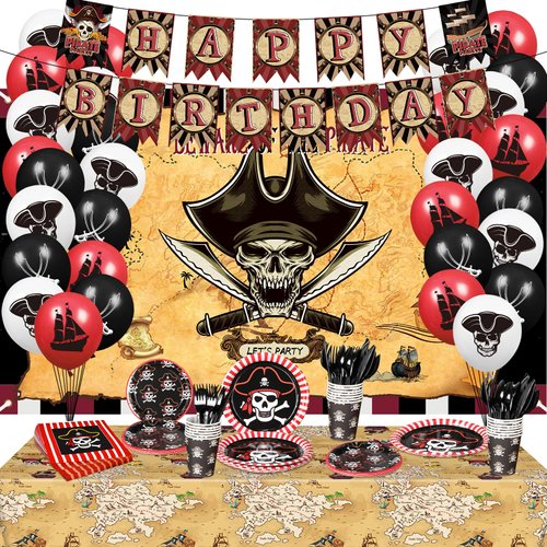 Pirate Birthday Party Decorations for Boys, 145 Pcs Pirate Birthday Party Supplies Pirate Theme Birthday Banner Balloons Pirate Birthday Plates Cups Napkins Tablecloth Pirate Halloween Decor for Kids
