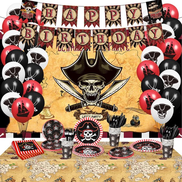 Pirate Birthday Party Decorations for Boys, 145 Pcs Pirate Birthday Party Supplies Pirate Theme Birthday Banner Balloons Pirate Birthday Plates Cups Napkins Tablecloth Pirate Halloween Decor for Kids