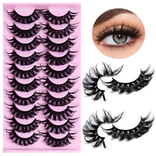 LuckForever 10 Pairs False Eyelashes Russian Strips Eye Lashes Wispy False Lash Fluffy Eyelash Extension Natural Look D Curly Volume Fake Eyelashes Reusable Faux Eye Eyelash for Women Girls