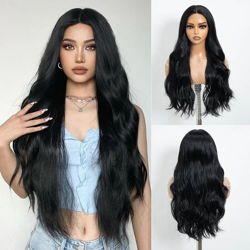 REBECCA STYLE Long Black Wavy Wigs for Women 28 Inch Middle Part Curly Wavy Wig Natural Looking L...