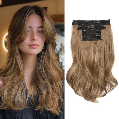 NTYNTY Clip in Hair Extensionss, 4PCS Hair Extensions 14" Short Layered Cut Hair Extensions Invisible Lace Weft Natural Soft Hairpieces for Women - Light Brown with Highlights