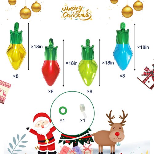 Janef 32 Pcs Multicolored Christmas Light Balloons, 18 Inch Xmas Light Bulb Foil Balloons for Christmas Holiday Birthday Party Decoration Christmas Led Balloons