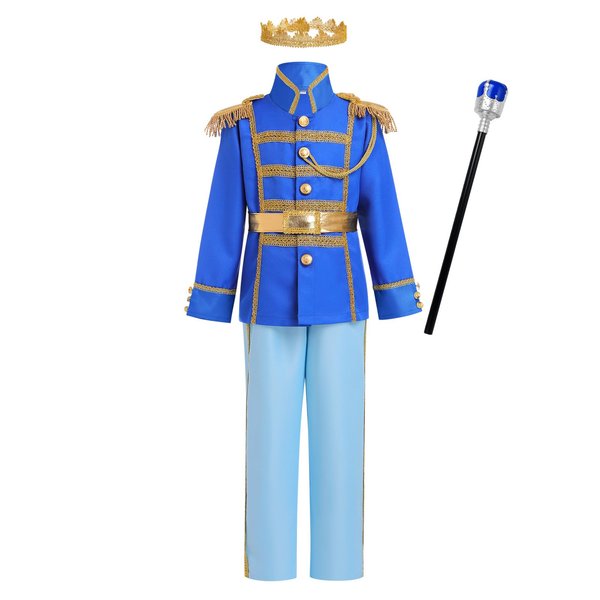 Prince King Charming Costume for Kids Boys Medieval Royal Prince Costume Halloween Christmas Cosplay Party Outfits Dress up Crown Truncheon Cape Belt Shoe Covers Accessories Set Sapphire Blue 5PCS 3-4 Years