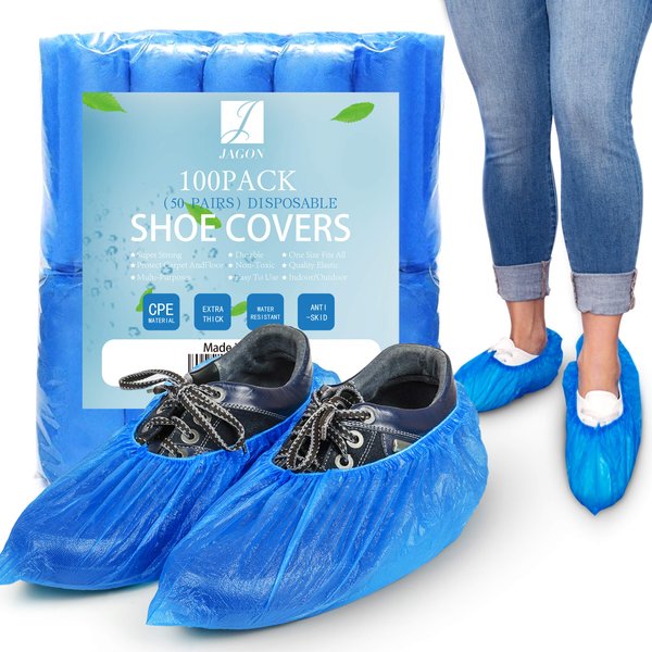 Jagon Shoe Covers Disposable Non Slip - 100 Pack(50 Pairs) Shoe Covers for Indoors Disposable - CPE Waterproof Shoe Covers Disposable - One Size Fit Most Booties for Shoes Covers - Shoe Guards (Blue)