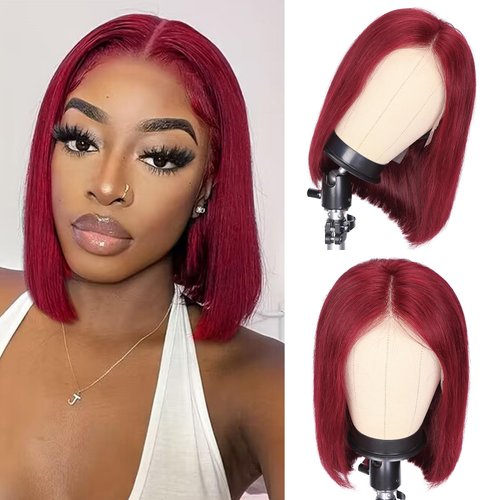 FAVE 12 Inch Burgundy Bob Wig Human Hair 13x4 Frontal Lace Wig 180% Density Bob Glueless Wigs Human Hair Pre Plucked with Baby Hair Natural Black Short Human Hair Wigs for Black Women