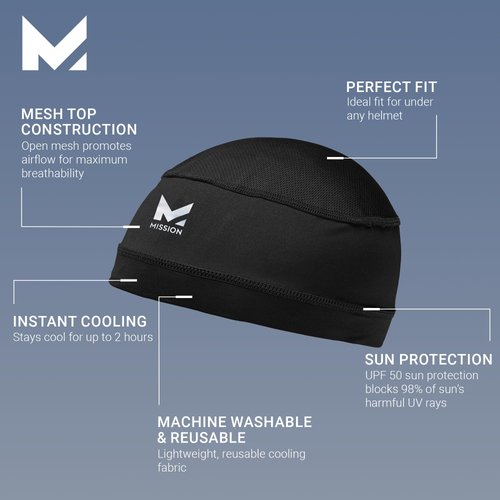 MISSION Cooling Helmet Liner Skull Cap - Cools When Wet Liner for Helmets and Hats - UPF 50 Sun Protection (Black)