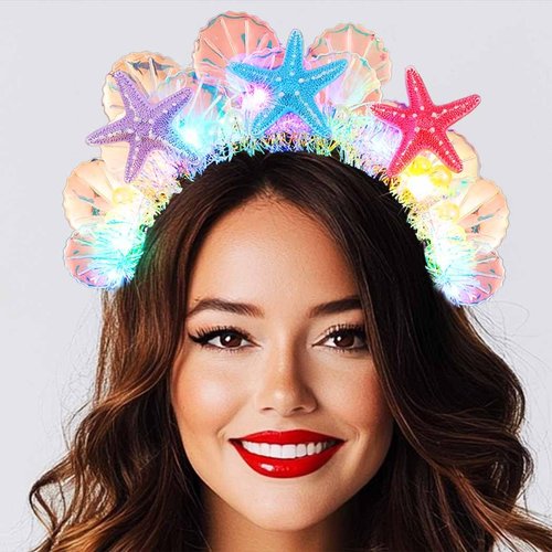BARTOSI Light Up Starfish Headbands LED Mermaid Costume Headband Seashell Hair Band Holiday Hair Accessories for Women