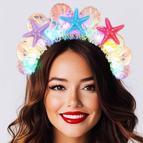 BARTOSI Light Up Starfish Headbands LED Mermaid Costume Headband Seashell Hair Band Holiday Hair Accessories for Women