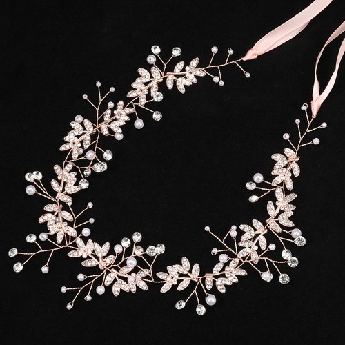 MA STRAP Handmade Crystal Rhinestones Headband Floral Headpiece Wedding Bridal Hair Accessories (Rose Gold)