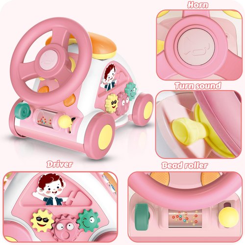 Toys for 1+ Year Old Girls - First Birthday Gift for Girls- Music Toddler Toys with Car/Sound/Music/Steering Wheel/Telephone/Lights Multi-Functional Car Early Educational Birthday Gift for Girl