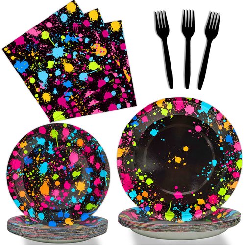 Neon Party Supplies for 24 Guests Glow Party Plates Napkins Tableware Neon Glow Birthday Colorful Graffiti Party Decoration Favor，96 Pieces