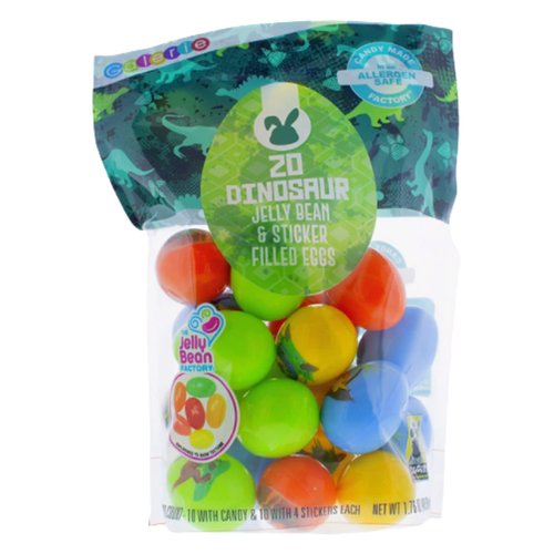 Prefilled Plastic Dinosaur Easter Eggs with Jelly Beans and Stickers, Assorted Fruit Flavored Chewy Candies, Basket Stuffers and Birthday Party Favors for Boys, 20 Count Bag