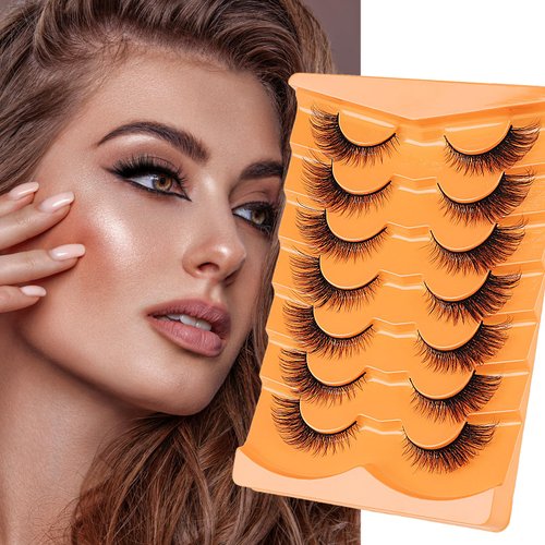 Heasy Fox Eye Lashes, Wispy Cat Eye False Eyelashes D Curl Mink Lashes Fluffy False Lashes Natural Look Cat Eye Lashes Strip Pack 7 Pairs, Black