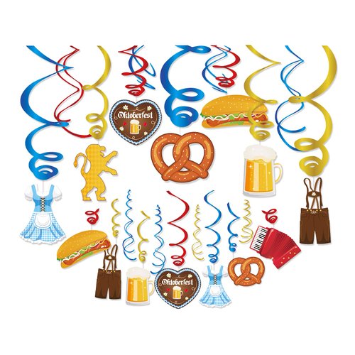 30Pcs Oktoberfest Swirl Theme Party Decoration,Hanging Swirl Ceiling Whirl Oktoberfest Decorations for Oktoberfest Party Supplies,Sausage,Beer,Gold Dress,Leather Pants Party Hanging Decor