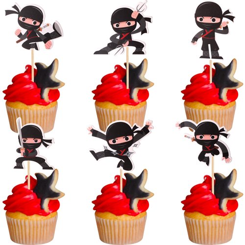 24 PCS Ninja Cupcake Toppers Assembled Martial Arts Karate Kung Fu Warriors Cupcake Picks Decorations for Ninja Theme Baby Shower Kids Birthday Party Supplies