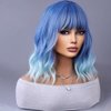 WTHCOS Blue Ombre Short Bob Wig Blue to Light Blue Wig Short Curly Wavy Wig With Bangs for Women Ombre Blue Wig Heat Resistant Synthetic Hair Wigs for Daily Use Cosplay Wig With Wig Cap