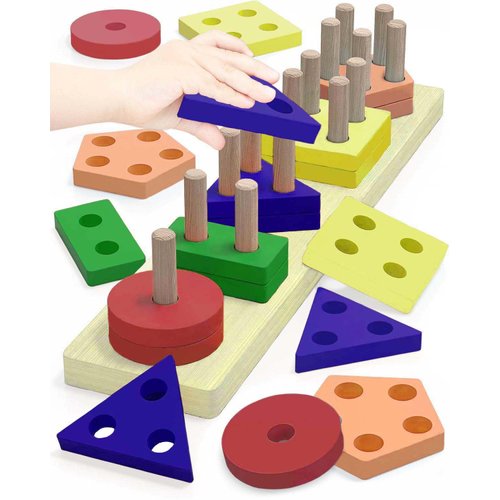 ITCFBSCW Montessori Toys for Boys Girls Baby Toys, Wooden Sorting & Stacking Toys for Toddlers and Kids,Shape Sorter and Color Stacker Preschool Kids Wood Puzzles Gifts
