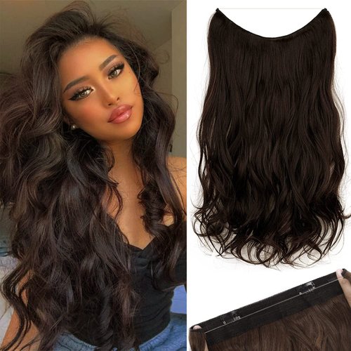 Invisible Wire Hair Extensions - 18 Inch Halo Hair Extension Long Wavy Synthetic Hairpiece with Transparent Wire Adjustable Size, 4 Secure Clips for Women (Brown Black)