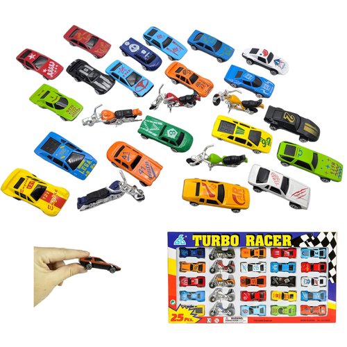Diecast Race Car and Motorcycle Set Turbo Racer (25 Pieces) Plastic Die-Cast Motorbike and Metal Cars Toys for Kids in a Display Window Box