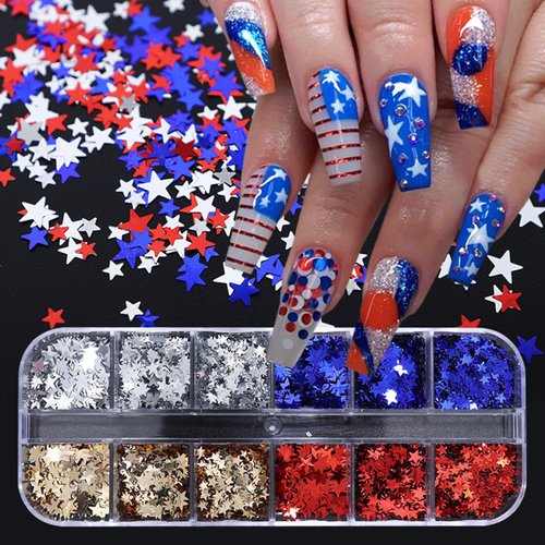 12 Grids 4th of July Star Nail Glitter Sequins Shiny Red Blue Sliver Gold Star Nail Stickers Decals Independence Day Nail Sequins Flakes 3D Glitter Nail Art Supplies for DIY Nail Eye Face Body Decor