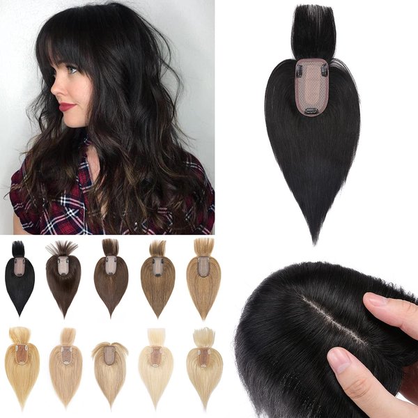 S-noilite 150% Density Human Hair Toppers with Bangs Silk Base Clip in Topper For Women with Thinning Hair Cover Gray Hair Clip on Top Hairpieces For Short Hair 14 Inch 44g #1B Natural Black
