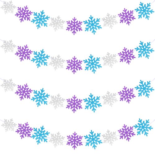 Yeaqee 4 Pcs 10.33 ft Snowflake Banner Garland White Blue Purple Glitter Hanging Garland Winter P...