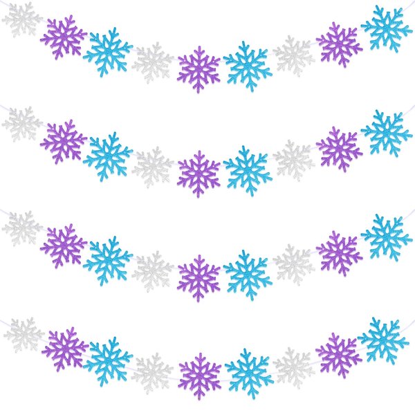 Yeaqee 4 Pcs 10.33 ft Snowflake Banner Garland White Blue Purple Glitter Hanging Garland Winter Party Decorations for Christmas Holiday Party Birthday Carnival