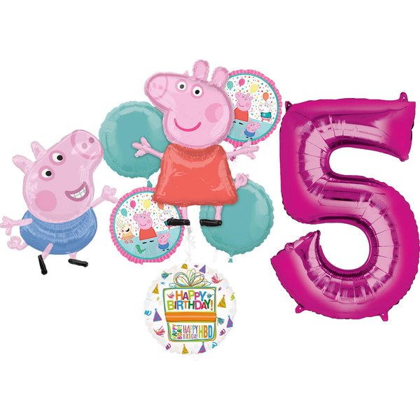 Anagram Peppa and George 5th Birthday Party Supplies Pig Foil Balloon Bouquet Decorations, BQ_4285