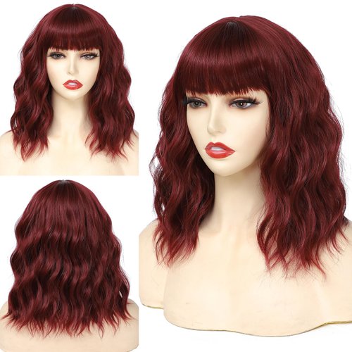 RemyAeki Short Wavy Red Wigs with Bangs for Women Curly Bob Wigs Shoulder Length Burgundy Wine Red Wigs for White Women Synthetic Heat Resistant Fiber Bangs Wigs Medium Length 14 Inch