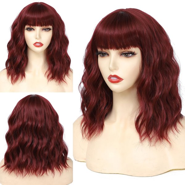 RemyAeki Short Wavy Red Wigs with Bangs for Women Curly Bob Wigs Shoulder Length Burgundy Wine Red Wigs for White Women Synthetic Heat Resistant Fiber Bangs Wigs Medium Length 14 Inch