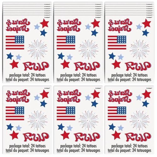 Red, Blue & White Patriotic USA Tattoos - (24 Count) - Fun & Vibrant Temporary Tattoos, Perfect for Parties and Events