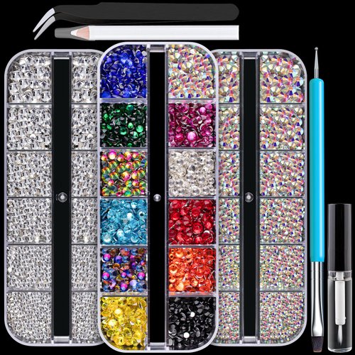 Colorful Face Gems for Makeup Set, Flatback Gorgeous AB+Clear+Mixed-Colored Glass Crystals with Makeup Glue, Tweezer, Dual-End Dotting Tool, Picker Pencil for Eye Body Hair Make-up and Nail Art Deco