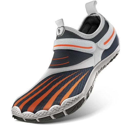 KEMISANT Mens Water Shoes, Unisex Barefoot Aqua Shoes for Men Women Beach Swimming Water Sport Shoes(Dark Gray/Blistering Sun-12 Women/10 Men)