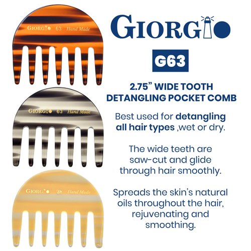 Giorgio G63 Wide Tooth Comb Detangling Comb, Pocket Comb and Travel Comb Wide Tooth Combs for Women for Thick Hair, Hair Detangler Comb For Wet and Dry Everyday Care. Handmade, Saw-Cut, and Polished