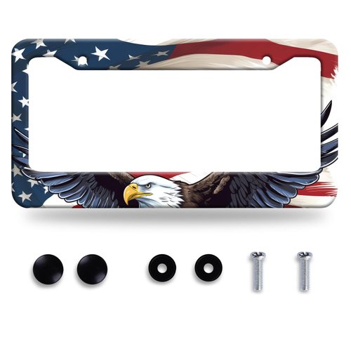 American Flag Eagle License Plate Frame Patriotic Eagle License Plate Colorful Stainless Steel Rust-Proof Auto Parts Funny License Plate Cover Decoration with Screws Size 12.3 "x 6.3" for Men Women