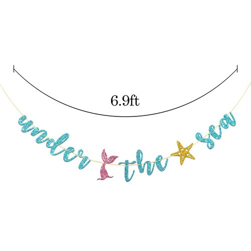Under the Sea Banner, Mermaid Theme Birthday Banner, Girl Birthday Ocean Party Decorations Supplies, Blue Glitter