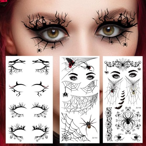 4 Pairs of Halloween Eye Shadow Eyeliner Face Eye Makeup Tattoos Spider Web Skull Bat Temporary Tattoo Stickers Decals for Women Girls Halloween Masquerade Party Decoration.