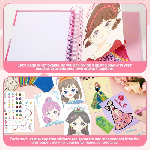 Tudaymol 4-in-1 Art & Craft Activity – DIY Dress Up Stickers, Makeup Kit, Foil & Gems Art, Creative Princess Fun, Costume Ideas & Accessories, Travel Toy, Gifts for Girls Ages 4-8-12