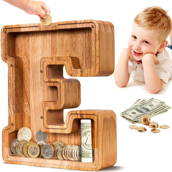 SummiDate Wooden Letter Piggy Bank| Piggy Bank for Boys Girls Toddler| Alphabet E Money Bank| Coin Bank Birthday Gift for Kids|2024 Graduation Money Box (E)